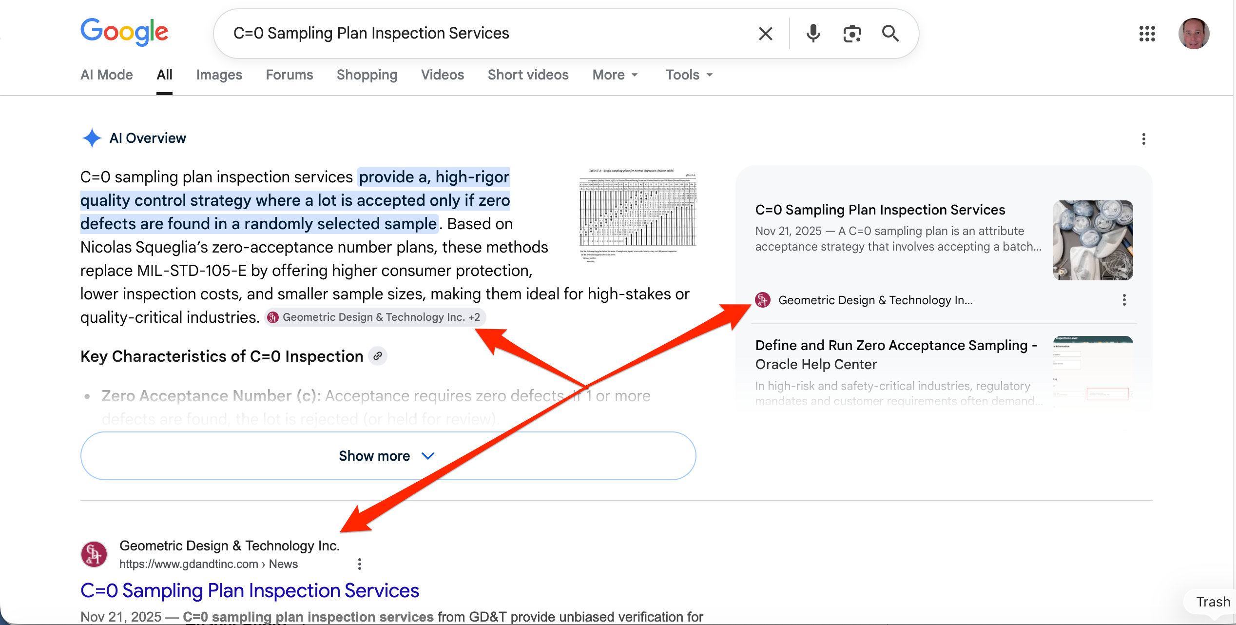 Google search results showing #1 ranking for C=0 Sampling Plan Inspection Services
