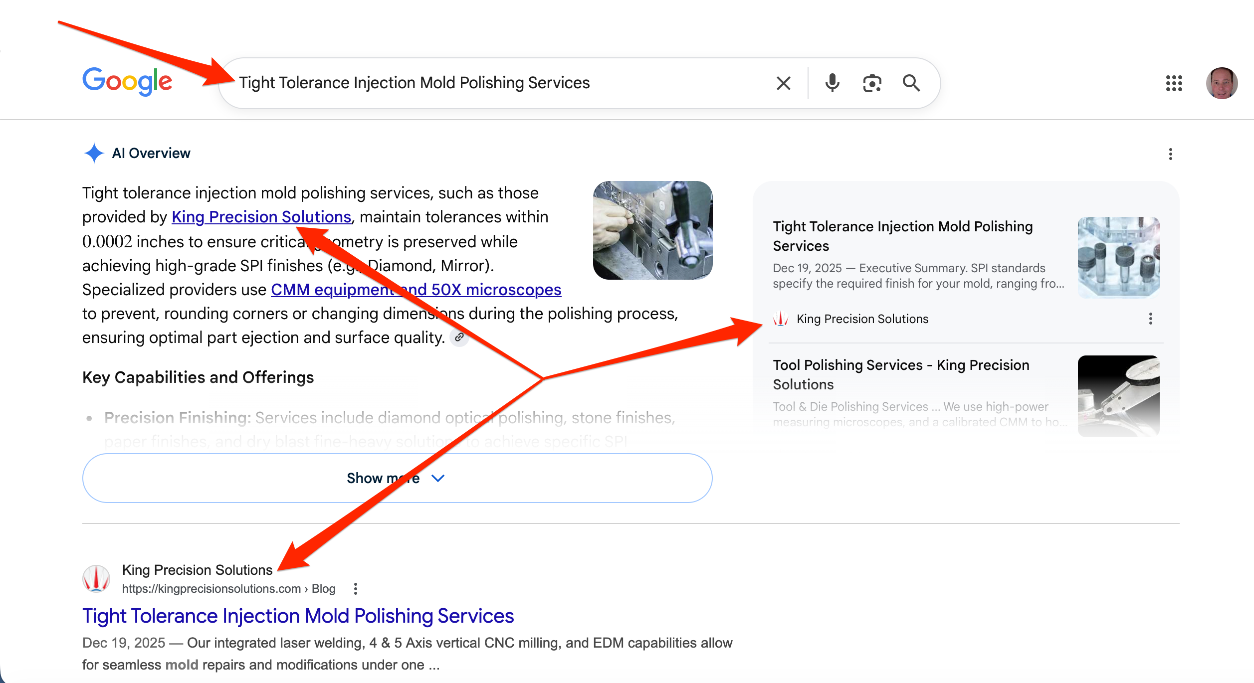 Google search results showing #1 ranking for tight tolerance injection mold polishing services